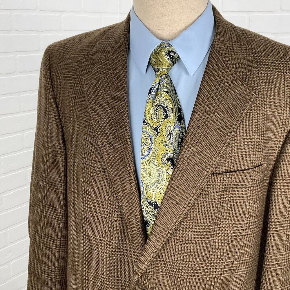 Evan Picone Blazer Men 43L Brown Green Purple Tan Plaid Wool Cashmere Jacket VTG